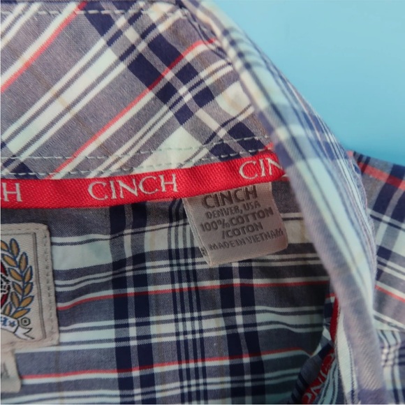 Cinch Western Wear Button Down Shirt Short Sleeve Red Blue Plaid Mens Size M - Picture 5 of 5